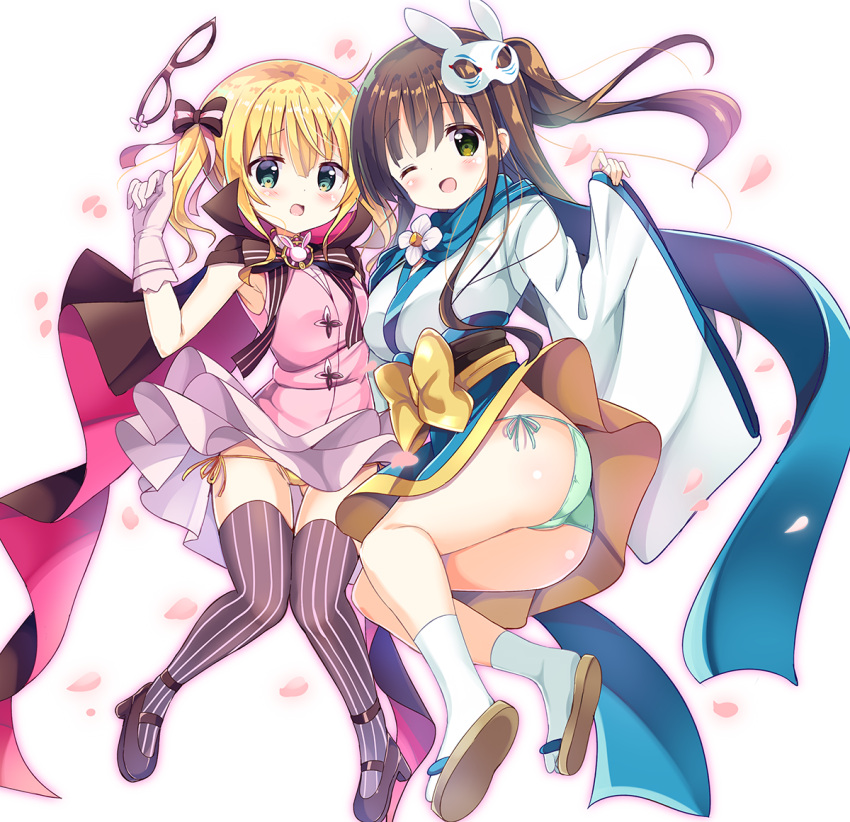 2girls :o ;d alternate_costume alternate_hairstyle aqua_eyes ass bangs bare_shoulders black_cape black_footwear blonde_hair blue_scarf blue_skirt blunt_bangs blush bow bowtie breasts brooch brown_hair brown_legwear bunny_mask cape commentary_request domino_mask eyebrows_visible_through_hair full_body geta gloves gochuumon_wa_usagi_desu_ka? green_eyes hair_bow japanese_clothes jewelry jumping kimono kimono_skirt kirima_sharo kurou_(quadruple_zero) layered_skirt loafers long_hair looking_at_viewer mask mask_on_head mask_removed medium_breasts multiple_girls obi one_eye_closed open_mouth pantyshot_(jumping) petals phantom_thief_lapin pink_gloves pink_shirt pink_skirt ponytail sandals sash scarf shirt shoes short_hair sidelocks skirt skirt_lift sleeveless sleeveless_shirt sleeves_past_wrists small_breasts smile socks striped striped_bow striped_neckwear teardrop tearing_up thigh-highs twintails ujimatsu_chiya wavy_mouth white_background white_flower white_kimono white_legwear wide_sleeves wind wind_lift