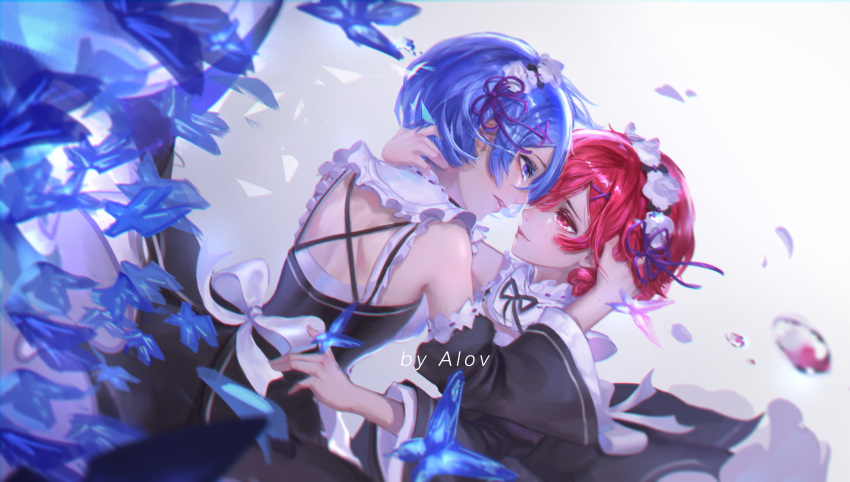 2girls absurdres alov bare_back bare_shoulders blue_eyes blue_hair detached_sleeves hair_ornament hand_in_another's_hair highres maid multiple_girls petals ram_(re:zero) re:zero_kara_hajimeru_isekai_seikatsu red_eyes redhead rem_(re:zero) short_hair white_background wide_sleeves x_hair_ornament yuri