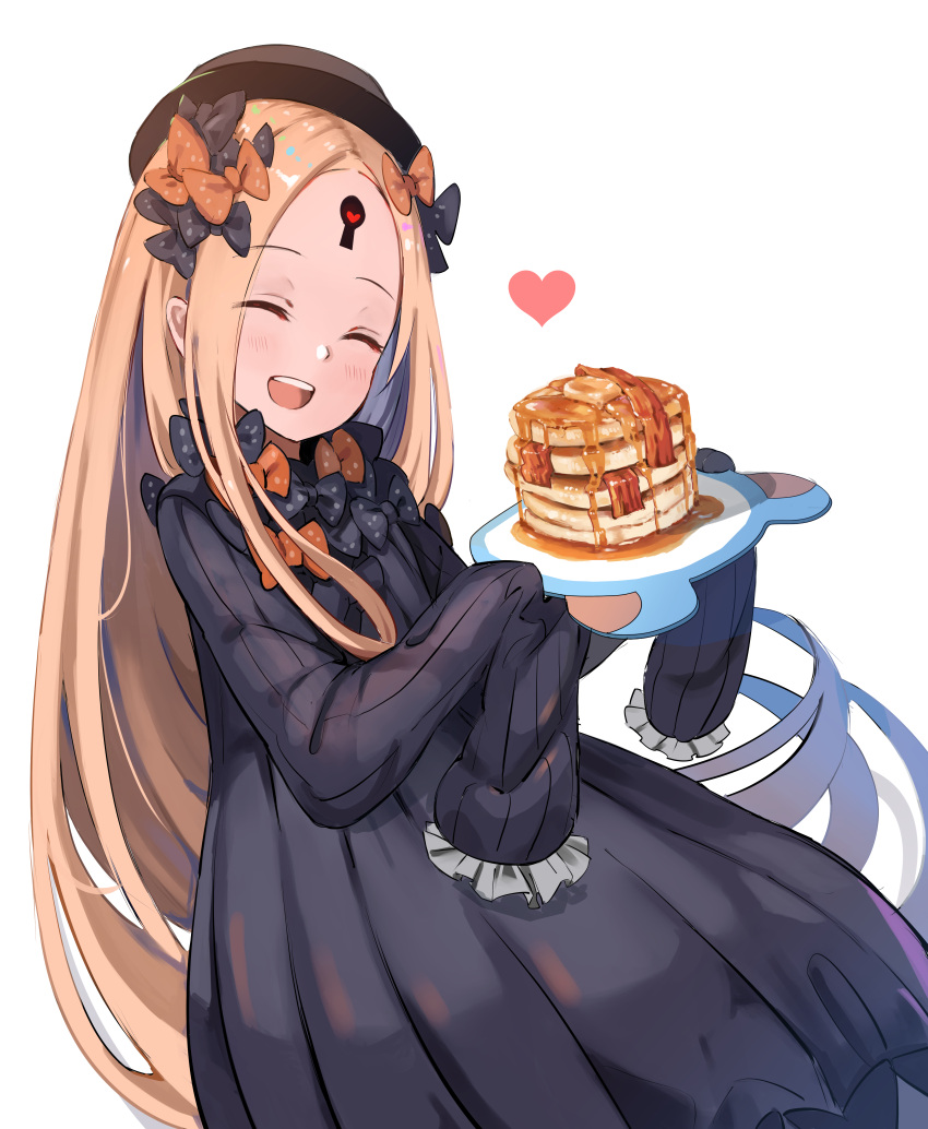 1girl :d abigail_williams_(fate/grand_order) absurdres bangs black_bow black_dress black_hat blonde_hair blush bow closed_eyes dress fate/grand_order fate_(series) food hair_bow hands_in_sleeves hat head_tilt heart highres holding holding_plate keyhole long_hair long_sleeves looking_at_viewer nekojira open_mouth orange_bow pancake parted_bangs plate polka_dot polka_dot_bow simple_background smile solo stack_of_pancakes syrup very_long_hair white_background