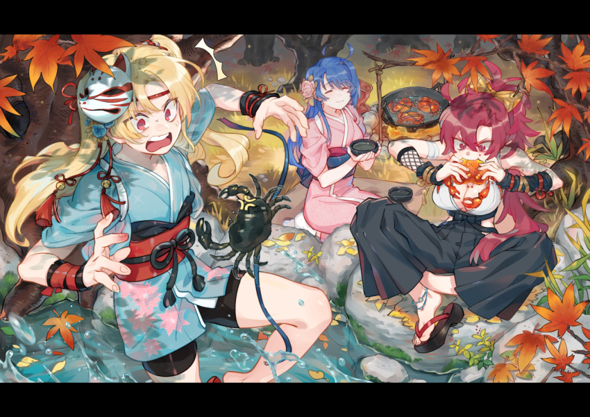 /\/\/\ 3girls ahoge anger_vein anklet azur_lane bike_shorts blonde_hair blue_hair boiling bow breasts campfire cleavage cleveland_(azur_lane) closed_eyes crab eating flower fox_mask hair_bow hair_flower hair_ornament helena_(azur_lane) japanese_clothes jewelry jukyu_kibato kimono large_breasts leaf letterboxed long_hair maple_leaf mask mask_on_head multiple_girls one_side_up open_mouth ponytail pot red_eyes redhead sandals sitting splashing sweatdrop tasuki wichita_(azur_lane) wristband you're_doing_it_wrong