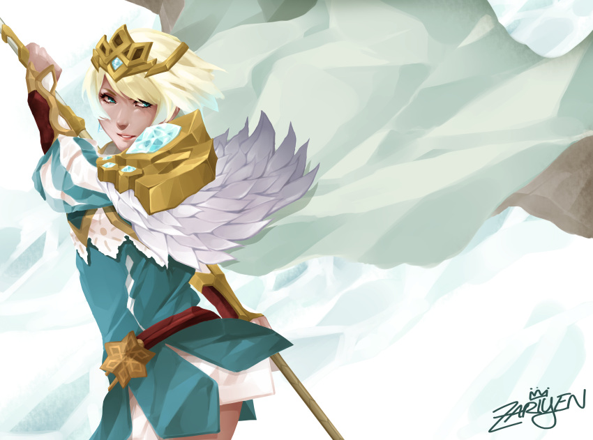 1girl absurdres blonde_hair blue_eyes cape crown feathers fire_emblem fire_emblem_heroes fjorm_(fire_emblem_heroes) highres holding holding_spear holding_weapon ice looking_at_viewer pauldrons polearm short_hair solo spear weapon