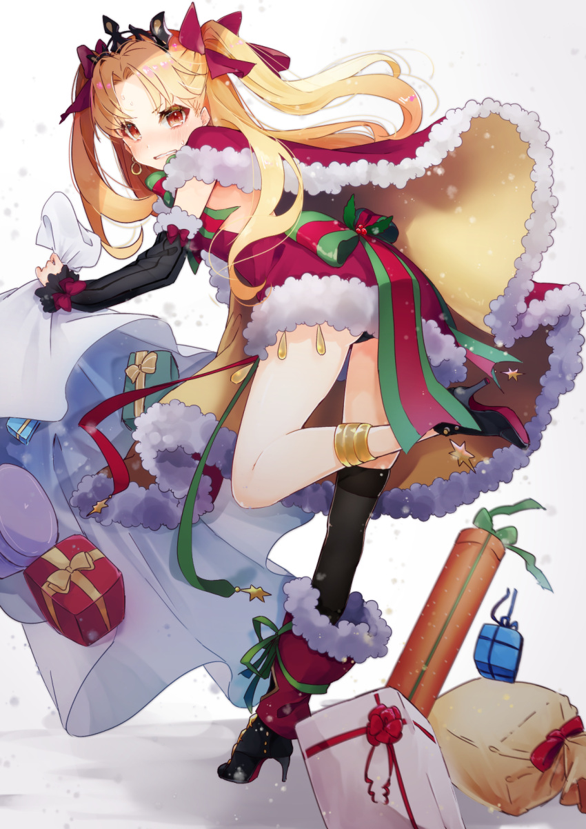 1girl anklet ass bangs black_footwear black_legwear black_panties black_sleeves blonde_hair blush bow cape commentary detached_sleeves dress dropping earrings ereshkigal_(fate/grand_order) eyebrows_visible_through_hair fate/grand_order fate_(series) frilled_sleeves frills from_behind fur-trimmed_cape fur-trimmed_dress fur-trimmed_sleeves fur_trim gift gift_bag green_ribbon grimace hair_ribbon high_heels highres holding_bag holly hoshino_ruru jewelry leaning_forward long_hair looking_at_viewer looking_back motion_blur multicolored_bow open-back_dress orange_eyes panties pantyshot pantyshot_(standing) parted_bangs parted_lips red_cape red_dress red_ribbon ribbon santa_costume short_dress short_eyebrows single_thighhigh skindentation solo standing standing_on_one_leg star sweatdrop teeth thigh-highs tiara tohsaka_rin two_side_up underwear v-shaped_eyebrows white_background