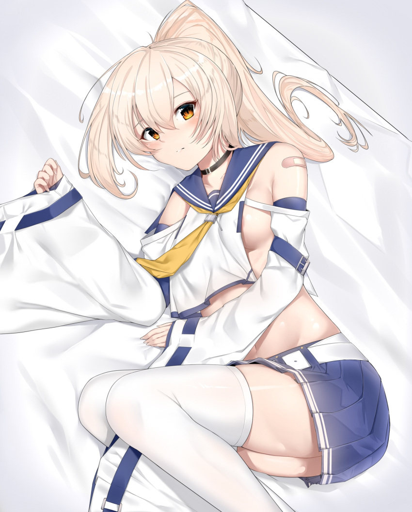 1girl ayanami_(azur_lane) azur_lane bandaid bandaid_on_arm belt black_choker blonde_hair blue_skirt blush breasts brown_eyes choker closed_mouth commentary_request detached_sleeves erect_nipples expressionless hair_between_eyes highres legs_together long_hair lying neckerchief no_bra on_side pleated_skirt ponytail revealing_clothes ribbon-trimmed_sleeves ribbon_trim school_uniform serafuku sideboob skirt small_breasts solo thigh-highs white_belt white_legwear wide_sleeves yellow_neckwear