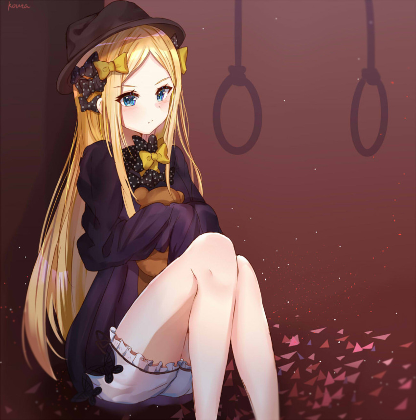 1girl abigail_williams_(fate/grand_order) bangs black_bow black_dress black_hat blonde_hair bloomers blue_eyes blush bow brown_background butterfly commentary_request dress eyebrows_visible_through_hair fate/grand_order fate_(series) hair_bow hands_in_sleeves hat highres kouta_hann long_hair long_sleeves looking_away noose object_hug orange_bow parted_bangs polka_dot polka_dot_bow sitting solo stuffed_animal stuffed_toy teddy_bear underwear v-shaped_eyebrows very_long_hair white_bloomers