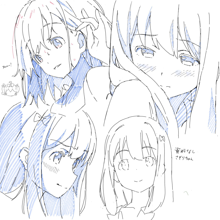 1girl adjusting_hair azumi_akitake character_sheet color_trace eromanga_sensei highres izumi_sagiri long_hair monochrome portrait sketch