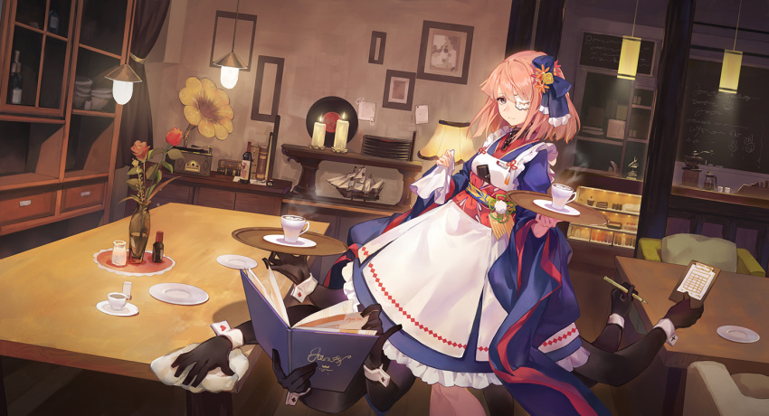 1girl apron armchair blue_bow blue_kimono bottomless bow cafe ceiling_light chair chalkboard character_request clipboard closed_mouth club_(shape) coffee_cup coffee_grinder commentary_request criin diamond_(shape) dutch_angle extra_arms eyepatch flower forever_7th_capital frilled_apron frills grey_eyes hair_bow hair_flower hair_ornament heart holding holding_menu holding_tray indoors japanese_clothes kimono lamp long_sleeves looking_at_viewer menu model_ship obi phonograph pink_hair red_rose rose sash saucer smile solo spade_(shape) standing table tray vase white_apron wide_sleeves wiping wrist_cuffs