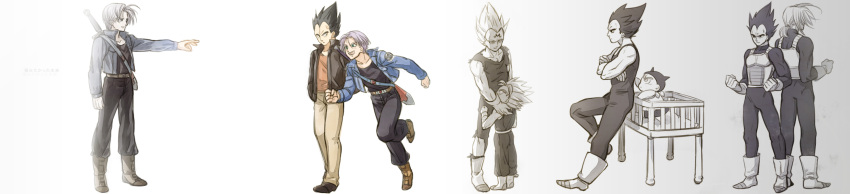 2boys armor baby back-to-back back_turned bakusou_k black_eyes black_hair blue_eyes boots clenched_hands dragon_ball dragonball_z father_and_son gloves grey_background hand_in_pocket highres jacket long_image looking_at_another looking_away majin_vegeta male_focus multiple_boys outstretched_hand ponytail purple_hair serious short_hair simple_background smile super_saiyan sword translation_request trunks_(dragon_ball) vegeta weapon white_background wide_image