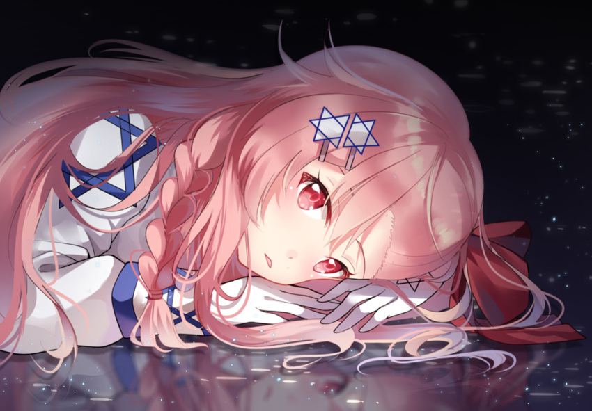 1girl bangs blush bow braid eyebrows_visible_through_hair girls_frontline gloves hair_between_eyes hair_bow hair_ornament hair_ribbon hairclip hexagram long_hair looking_at_viewer lying negev_(girls_frontline) on_stomach open_mouth pink_hair red_bow red_eyes ribbon simple_background solo star_of_david white_gloves yasuna_(nanjiang)