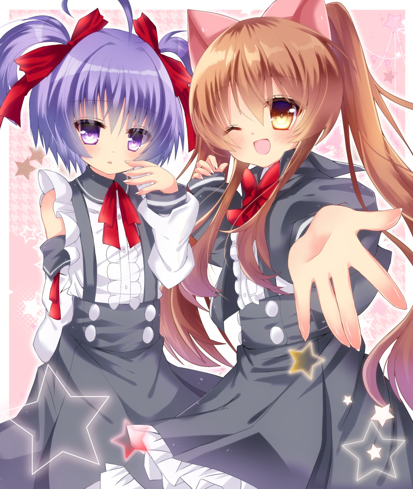 2girls :&lt; ;d absurdres ahoge aloe_(quiz_magic_academy) animal_ears bangs black_jacket blush bow bowtie brown_hair cat_ears center_frills commentary_request detached_sleeves eyebrows_visible_through_hair fingernails frilled_skirt frills funakoshi grey_skirt hair_between_eyes hair_bow head_tilt high-waist_skirt highres jacket long_hair long_sleeves looking_at_viewer multiple_girls myu_(quiz_magic_academy) one_eye_closed open_clothes open_jacket open_mouth outstretched_arm parted_lips puffy_long_sleeves puffy_sleeves purple_hair quiz_magic_academy red_bow red_neckwear shirt short_hair skirt smile star suspender_skirt suspenders triangle_mouth twintails very_long_hair violet_eyes white_shirt