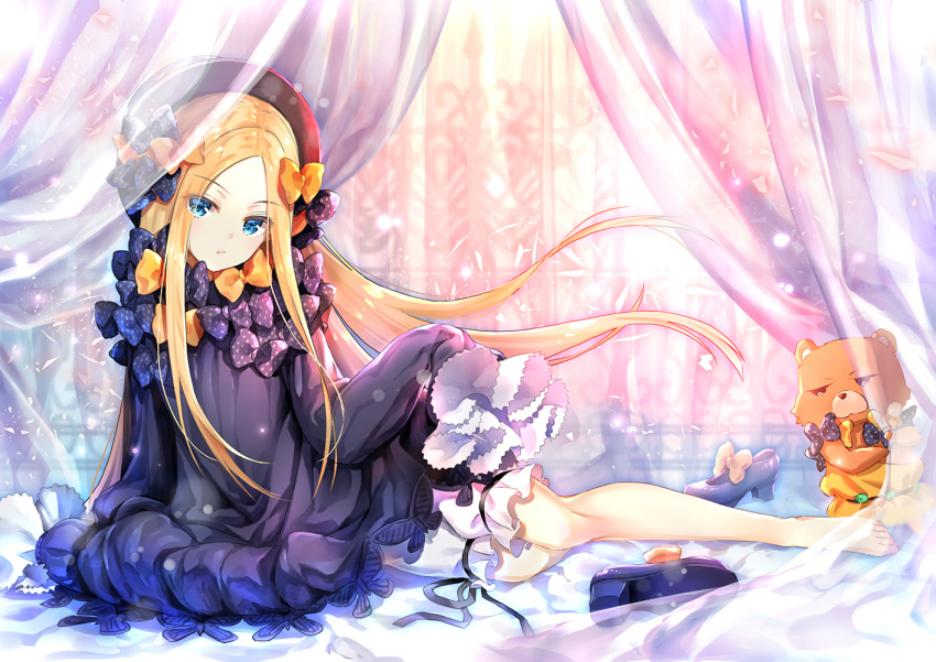 1girl abigail_williams_(fate/grand_order) bangs barefoot black_dress black_hat blue_eyes bow curtains dress fate/grand_order fate_(series) hands_in_sleeves hat long_hair looking_at_viewer orange_bow orion_(fate/grand_order) parted_bangs polka_dot polka_dot_bow shoes_removed stuffed_animal stuffed_toy suishougensou teddy_bear white_bloomers