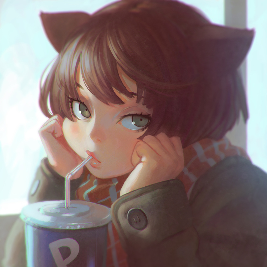 1girl animal_ears blush bored brown_hair buttons cat_ears close-up coat drink drinking_straw face green_eyes hands_on_own_face ilya_kuvshinov lips long_sleeves looking_at_viewer original overcoat profile scarf solo