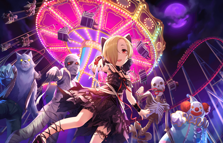 1girl amusement_park artist_request black_nails blonde_hair bow clown dress ear_piercing earrings hair_over_one_eye highres idolmaster idolmaster_cinderella_girls idolmaster_cinderella_girls_starlight_stage jewelry looking_at_viewer mummy nail_polish night night_sky official_art open_mouth piercing red_eyes ribbon roller_coaster shirasaka_koume short_hair skeleton sky smile werewolf