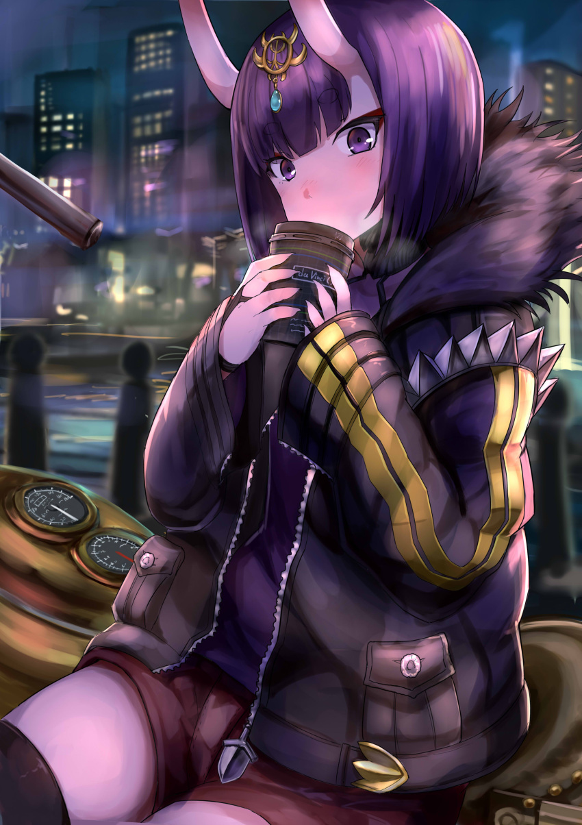 1girl absurdres alternate_costume bangs black_legwear city coffee_cup commentary_request drinking eyebrows_visible_through_hair fate/grand_order fate_(series) fur_trim ground_vehicle hands_up highres jacket leaning_on_object looking_at_viewer motor_vehicle motorcycle night okitsugu open_clothes open_jacket outdoors parka purple_hair short_hair shorts shuten_douji_(fate/grand_order) sitting sleeves_past_wrists solo steam thick_eyebrows thigh-highs tsurime violet_eyes