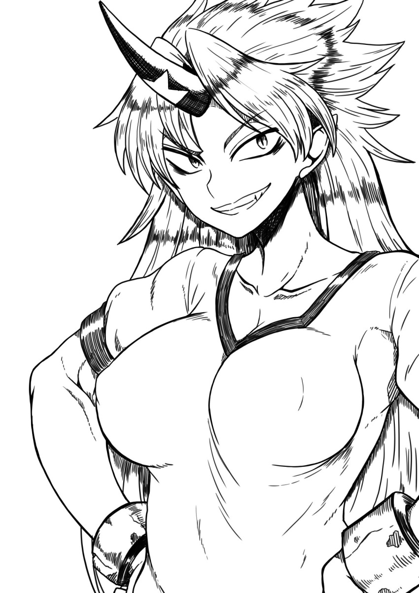 1girl breasts cleavage commentary_request cuffs erect_nipples greyscale grin hands_on_hips highres himajin_no_izu horn hoshiguma_yuugi long_hair medium_breasts monochrome ponytail shackles shirt short_sleeves simple_background smile solo star touhou tsurime upper_body white_background