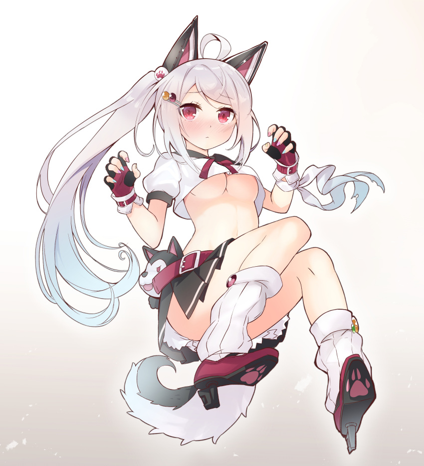 1girl absurdres ahoge animal_ears ass azur_lane belt belt_buckle blush braid breasts buckle claw_pose closed_mouth commentary_request convenient_leg cosplay crop_top crop_top_overhang fake_animal_ears fingerless_gloves frown full_body gloves hair_ornament hairclip high_heels highres invisible_chair long_hair looking_at_viewer miniskirt multicolored multicolored_nail_polish nail_polish navel necktie no_bra nose_blush original paw_print pleated_skirt ponytail puffy_short_sleeves puffy_sleeves red_eyes school_uniform serafuku shirono_mirai shirt short_sleeves side_ponytail silver_hair simple_background single_braid sitting skirt solo stuffed_wolf tail under_boob white_background white_shirt wolf_ears wolf_tail yuudachi_(azur_lane) zero_(miraichizu)