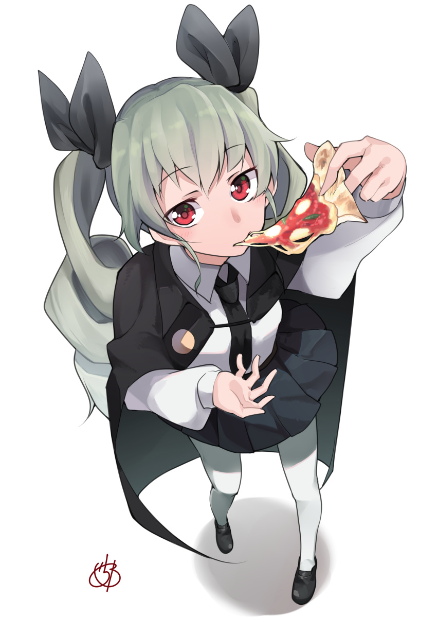 1girl absurdres anchovy_(girls_und_panzer) anzio_school_uniform artist_name bangs black_cape black_footwear black_neckwear black_ribbon black_skirt cape commentary_request dress_shirt drill_hair eating eyebrows_visible_through_hair food from_above full_body girls_und_panzer gochiwa green_hair hair_ribbon highres holding holding_food loafers long_hair long_sleeves looking_at_viewer looking_up miniskirt necktie pantyhose pizza pleated_skirt red_eyes ribbon school_uniform shirt shoes signature simple_background skirt solo standing twin_drills twintails white_background white_legwear white_shirt