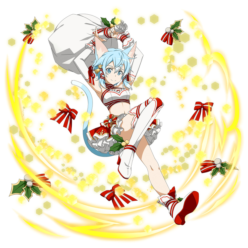 1girl animal_ears armpits arms_up asymmetrical_legwear blue_eyes blue_hair boots bow cat_ears cat_tail crop_top detached_sleeves full_body gift_bag hair_between_eyes hair_ornament hair_ribbon halterneck high_heel_boots high_heels highres holding layered_skirt midriff miniskirt navel red_bow red_legwear red_ribbon red_skirt ribbon shinon_(sao-alo) short_hair_with_long_locks sidelocks skirt smile solo star star_hair_ornament stomach striped striped_bow striped_ribbon sword_art_online tail thigh-highs thigh_boots white_footwear wrist_cuffs