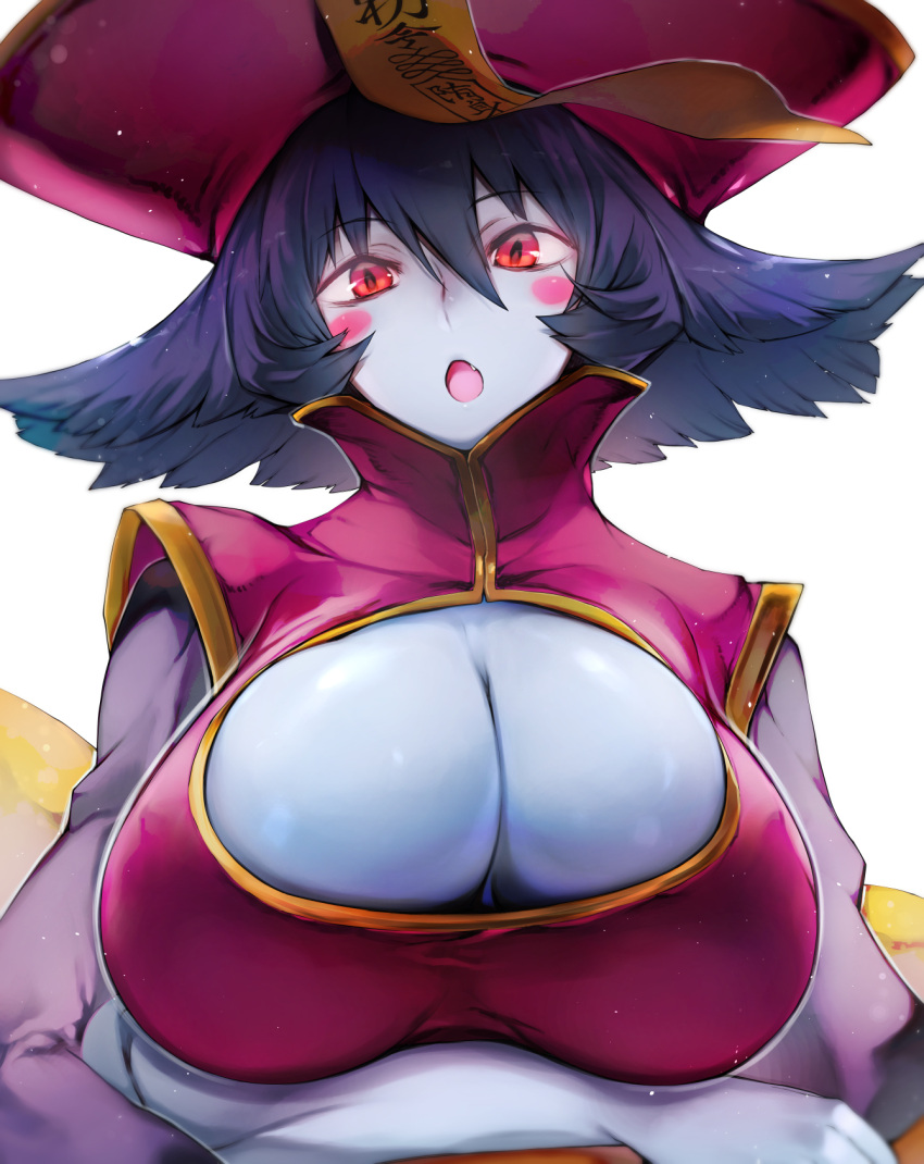 1girl :o black_hair blue_skin blush_stickers breast_hold breasts china_dress chinese_clothes cleavage cleavage_cutout dress eyebrows_visible_through_hair fang flipped_hair hair_between_eyes highres huge_breasts lei_lei looking_at_viewer nishiide_kengorou ofuda open_mouth pink_dress pink_eyes puffy_short_sleeves puffy_sleeves red_eyes short_sleeves simple_background solo upper_body vampire_(game) white_background