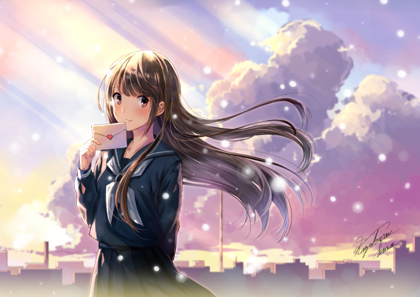 1girl arm_behind_back bangs black_skirt blush brown_hair cityscape closed_mouth clouds cloudy_sky cowboy_shot day floating_hair holding_letter kazuharu_kina letter light_rays long_hair long_sleeves looking_at_viewer love_letter neckerchief original outdoors pleated_skirt red_eyes school_uniform serafuku shiny shiny_hair signature skirt sky smile snowing solo standing sunbeam sunlight tareme very_long_hair white_neckwear wind winter
