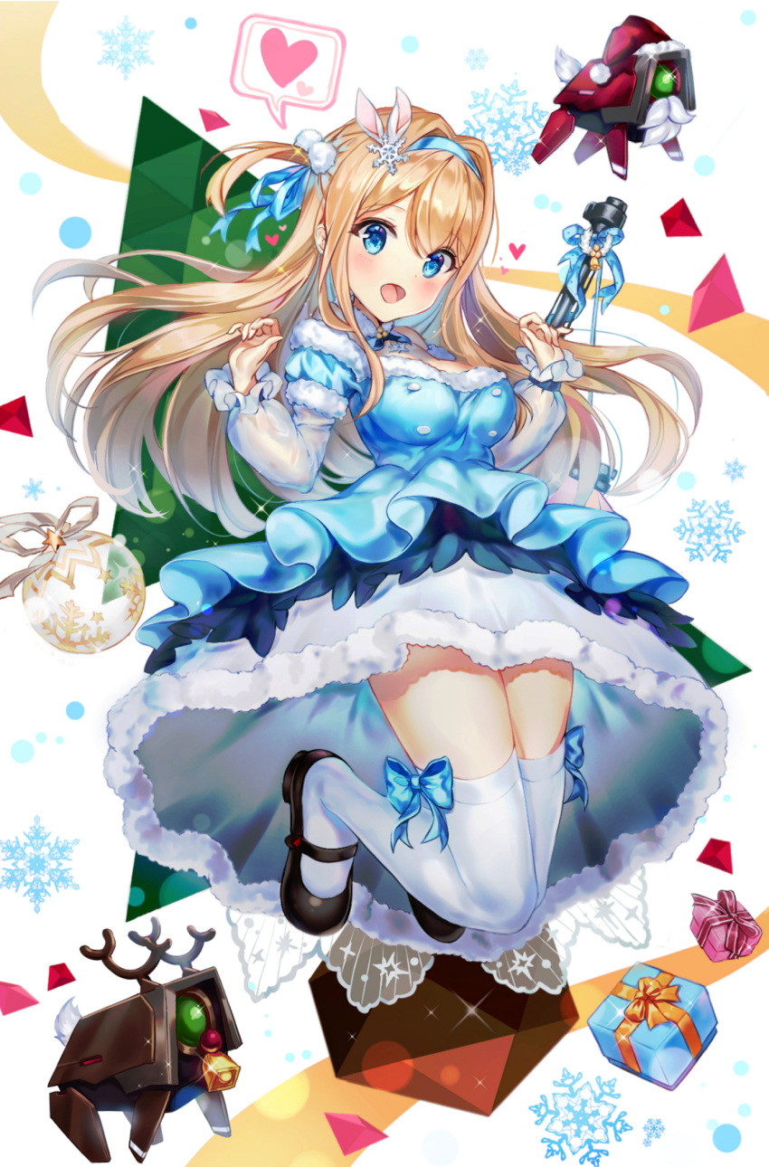 1girl :d antlers bangs bare_shoulders bell black_footwear blonde_hair blue_bow blue_dress blue_eyes blue_hairband blue_ribbon blush bow box breasts commentary_request detached_collar dress eyebrows_visible_through_hair fake_facial_hair fur-trimmed_dress fur-trimmed_hat gift gift_box girls_frontline hair_between_eyes hair_intakes hair_ornament hair_ribbon hairband hands_up hat head_tilt heart highres large_breasts long_hair long_sleeves looking_at_viewer mary_janes narae open_mouth pom_pom_(clothes) red_hat reindeer_antlers ribbon santa_hat shoes smile snowflakes solo spoken_heart suomi_kp31_(girls_frontline) thigh-highs two_side_up very_long_hair white_legwear