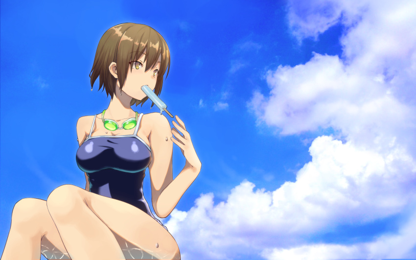 1girl blue_sky breasts brown_hair cleavage clouds cloudy_sky day eyebrows_visible_through_hair facing_away food goggles goggles_around_neck hair_between_eyes highres kurehon_shouya mouth_hold new_school_swimsuit original popsicle school_swimsuit short_hair sitting sky solo strap_gap swimsuit wet wet_hair yellow_eyes