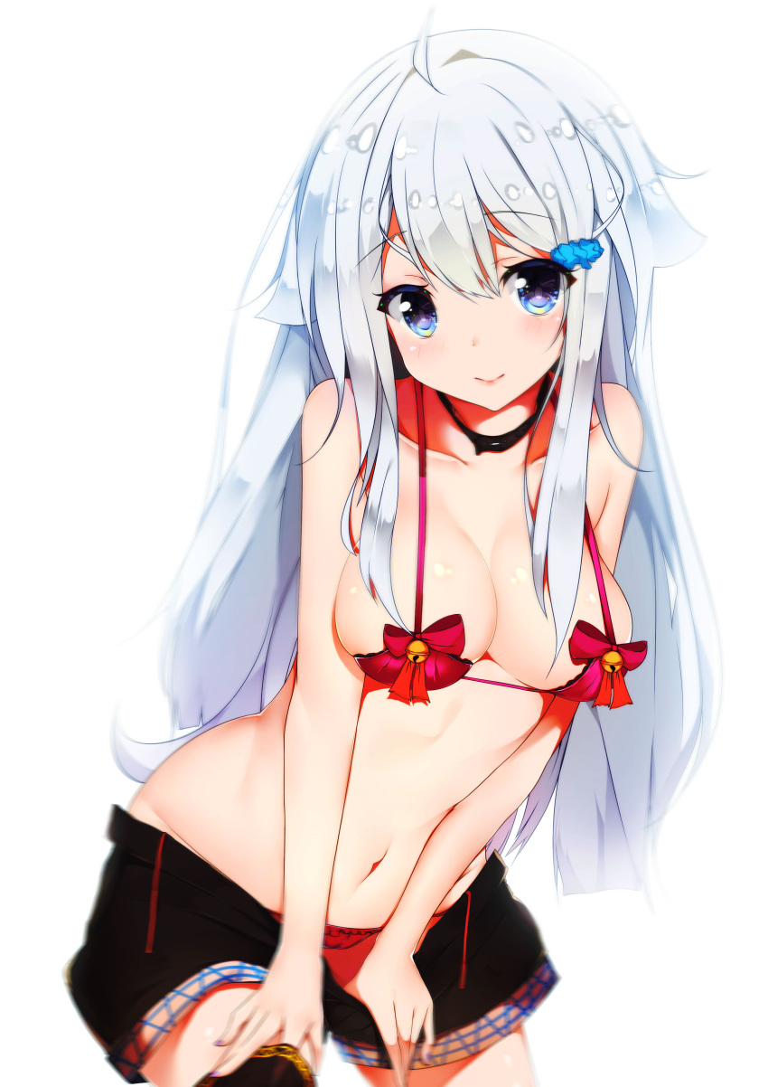 1girl absurdres ahoge bare_shoulders blue_eyes blur blush breasts cleavage closed_mouth collarbone eyebrows_visible_through_hair highres huaimeng imouto_sae_ireba_ii kani_nayuta large_breasts long_hair looking_at_viewer nail_polish navel panties purple_nails red_panties silver_hair smile solo underwear