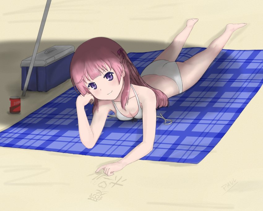 1girl a-1_pictures ass barefoot beach_towel beach_umbrella bikini cooler cute deviantart drink fuyuumi_ai long_hair lying ore_no_kanojo_to_osananajimi_ga_shuraba_sugiru paulster30 pink_hair ribbon sand softbank_creative solo square_enix summer tokyo_mx umbrella violet_eyes white_bikini