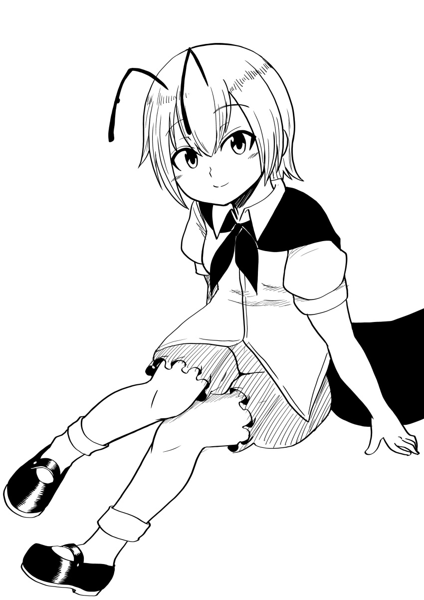 1girl absurdres antenna_hair blush cape closed_mouth collared_shirt commentary_request full_body greyscale highres himajin_no_izu knees_together_feet_apart looking_at_viewer mary_janes monochrome shirt shoes short_hair short_sleeves shorts simple_background sitting smile socks solo touhou white_background wriggle_nightbug