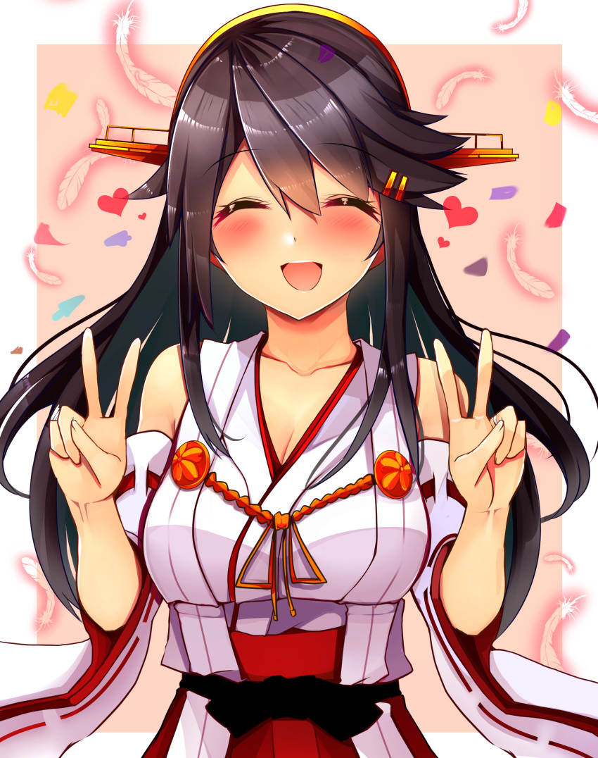 1girl ^_^ ^o^ bare_shoulders black_hair closed_eyes collarbone detached_sleeves double_v hair_between_eyes haruna_(kantai_collection) heart highres japanese_clothes kantai_collection long_hair nontraditional_miko open_mouth pleated_skirt red_skirt ribbon-trimmed_sleeves ribbon_trim skirt smile solo tsukui_kachou v wide_sleeves