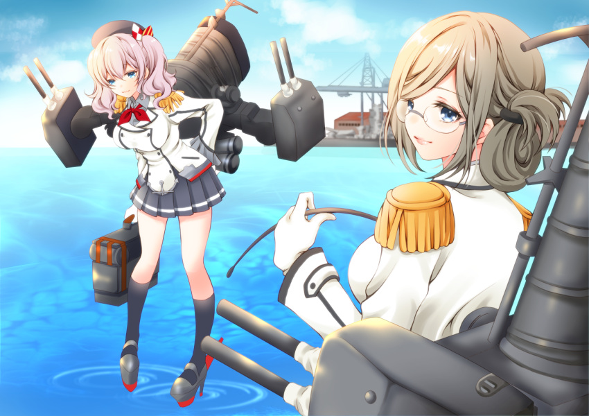 2girls beret black_hat black_legwear black_miniskirt blue_eyes brown_hair cannon epaulettes folded_ponytail frilled_sleeves frills gloves hat high_heels jacket kantai_collection kashima_(kantai_collection) katori_(kantai_collection) light_brown_hair long_sleeves miniskirt multiple_girls neckerchief outdoors pleated_skirt red_neckwear riding_crop rigging sheepd sidelocks silver_hair skirt smokestack socks turret twintails uniform wavy_hair white_gloves white_jacket