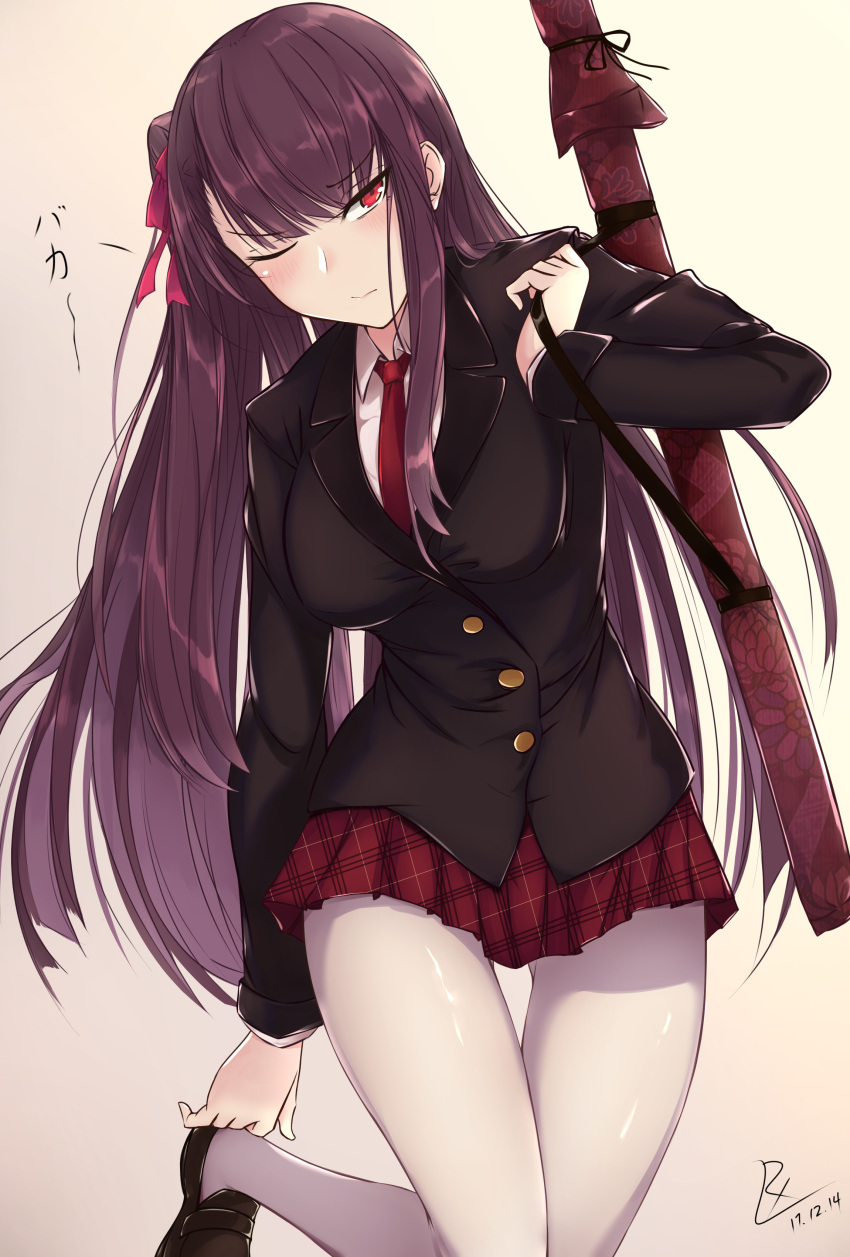 1girl absurdres artist_name bangs black_footwear blazer blush breasts closed_mouth dated dressing eyebrows_visible_through_hair girls_frontline hair_ribbon hand_up highres jacket loafers long_hair looking_at_viewer medium_breasts miniskirt one_side_up plaid plaid_skirt pleated_skirt purple_hair purple_ribbon red_eyes ribbon shoes signature skirt thigh_gap thighs tsurime unmoving_pattern very_long_hair wa2000_(girls_frontline) zhishi_ge_fangzhang