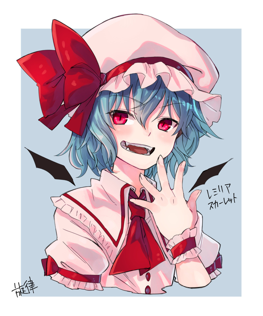 1girl absurdres ascot bat_wings blue_hair bow commentary_request fangs hat hat_bow highres kneesocks_senritsu looking_at_viewer mob_cap puffy_short_sleeves puffy_sleeves red_bow red_eyes red_neckwear remilia_scarlet short_hair short_sleeves slit_pupils solo touhou translation_request upper_body wings wrist_cuffs