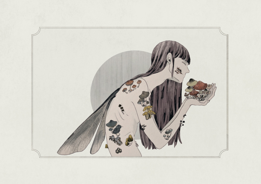 1girl black_hair closed_eyes cochlea1313 grey_background highres insect_girl insect_wings long_hair monster_girl mushroom muted_color original upper_body wings