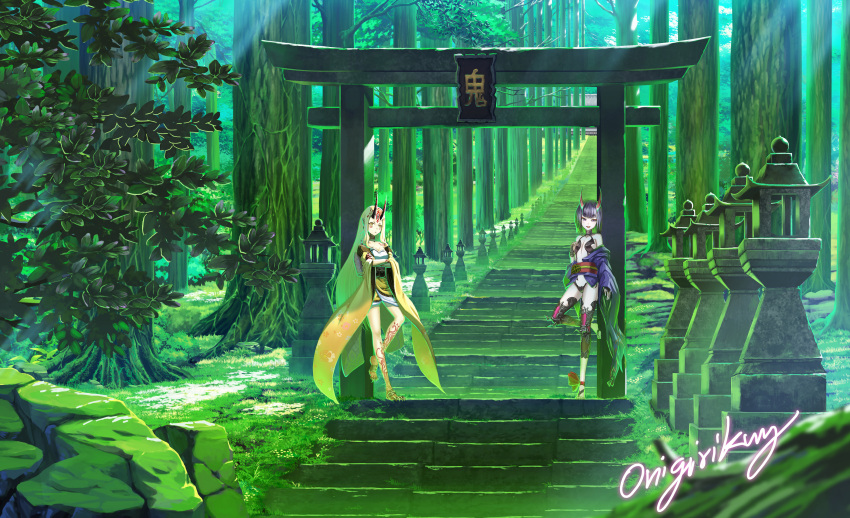 2girls absurdres ankle_ribbon barefoot_sandals beads blonde_hair bob_cut breasts facial_mark fangs fate/grand_order fate_(series) forest highres horns ibaraki_douji_(fate/grand_order) japanese_clothes kimono multiple_girls nature off_shoulder oni oni_horns open_clothes open_kimono pointy_ears purple_hair purple_kimono revealing_clothes ribbon short_eyebrows short_hair shuten_douji_(fate/grand_order) small_breasts stairs tattoo torii tree violet_eyes wide_sleeves yellow_eyes yellow_kimono yosanann