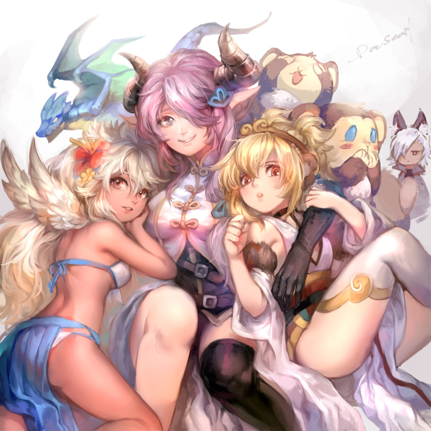 1boy 3girls anchira_(granblue_fantasy) animal_ears arm_around_shoulder arm_grab bikini black_eyes black_gloves black_legwear blonde_hair blue_eyes blush_stickers breasts brown_eyes character_request chibi_inset choker clenched_hand covering_ears covering_eyes dansearl dark_skin detached_sleeves doraf dragon erun_(granblue_fantasy) flower fur_trim girl_sandwich gloves granblue_fantasy hair_flower hair_ornament hair_over_one_eye head_tilt highres jitome large_breasts lavender_hair long_hair looking_at_viewer looking_back medium_breasts monkey multiple_girls narumeia_(granblue_fantasy) open_mouth parted_lips pointy_ears sandwiched short_hair silver_hair single_thighhigh smile swimsuit the_order_grande thigh-highs very_long_hair white_bikini white_hair white_legwear white_wings wings