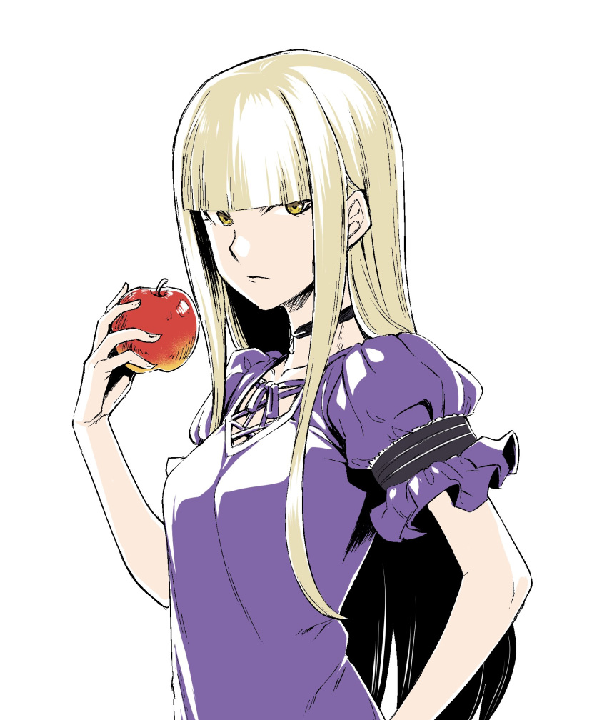 1girl apple bangs black_choker blonde_hair blunt_bangs choker closed_mouth commentary_request copyright_request dress food fruit h_kasei highres holding holding_fruit long_hair looking_at_viewer puffy_short_sleeves puffy_sleeves purple_dress short_sleeves simple_background solo upper_body white_background yellow_eyes
