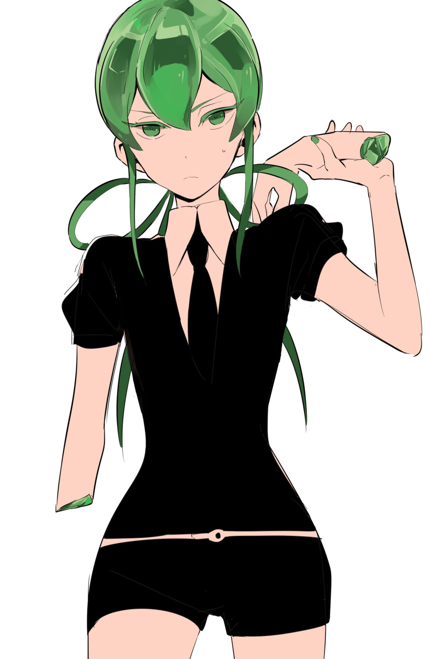 amputee androgynous black_neckwear black_shirt black_shorts closed_mouth collared_shirt commentary_request cowboy_shot crystal green_eyes green_hair green_nails highres houseki_no_kuni jade_(houseki_no_kuni) long_hair looking_at_viewer monsieur nail_polish necktie puffy_short_sleeves puffy_sleeves shirt short_sleeves shorts simple_background solo standing sweatdrop white_background white_shirt wing_collar