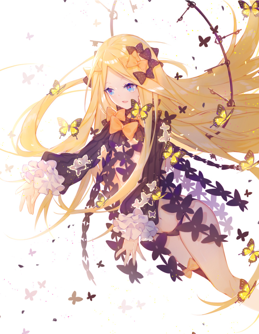 1girl abigail_williams_(fate/grand_order) bangs black_bow black_dress black_panties blonde_hair blue_eyes bow butterfly commentary_request dissolving_clothes dress fate/grand_order fate_(series) forehead hair_bow highres key long_hair long_sleeves miyuki_(miyuki0529) navel no_hat no_headwear orange_bow outstretched_arms panties parted_bangs parted_lips polka_dot polka_dot_bow sleeves_past_wrists solo underwear very_long_hair white_background