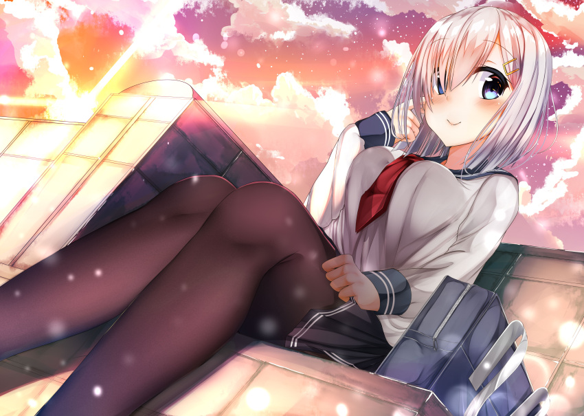 1girl absurdres bag blue_eyes blush breasts dusk eyebrows_visible_through_hair from_below hair_ornament hair_over_one_eye hairclip hamakaze_(kantai_collection) hand_on_own_cheek hand_on_own_leg highres hiragi_ringo kantai_collection looking_at_viewer medium_breasts pantyhose pleated_skirt red_neckwear school_bag school_uniform serafuku short_hair silver_hair sitting skirt sky smile solo striped striped_skirt