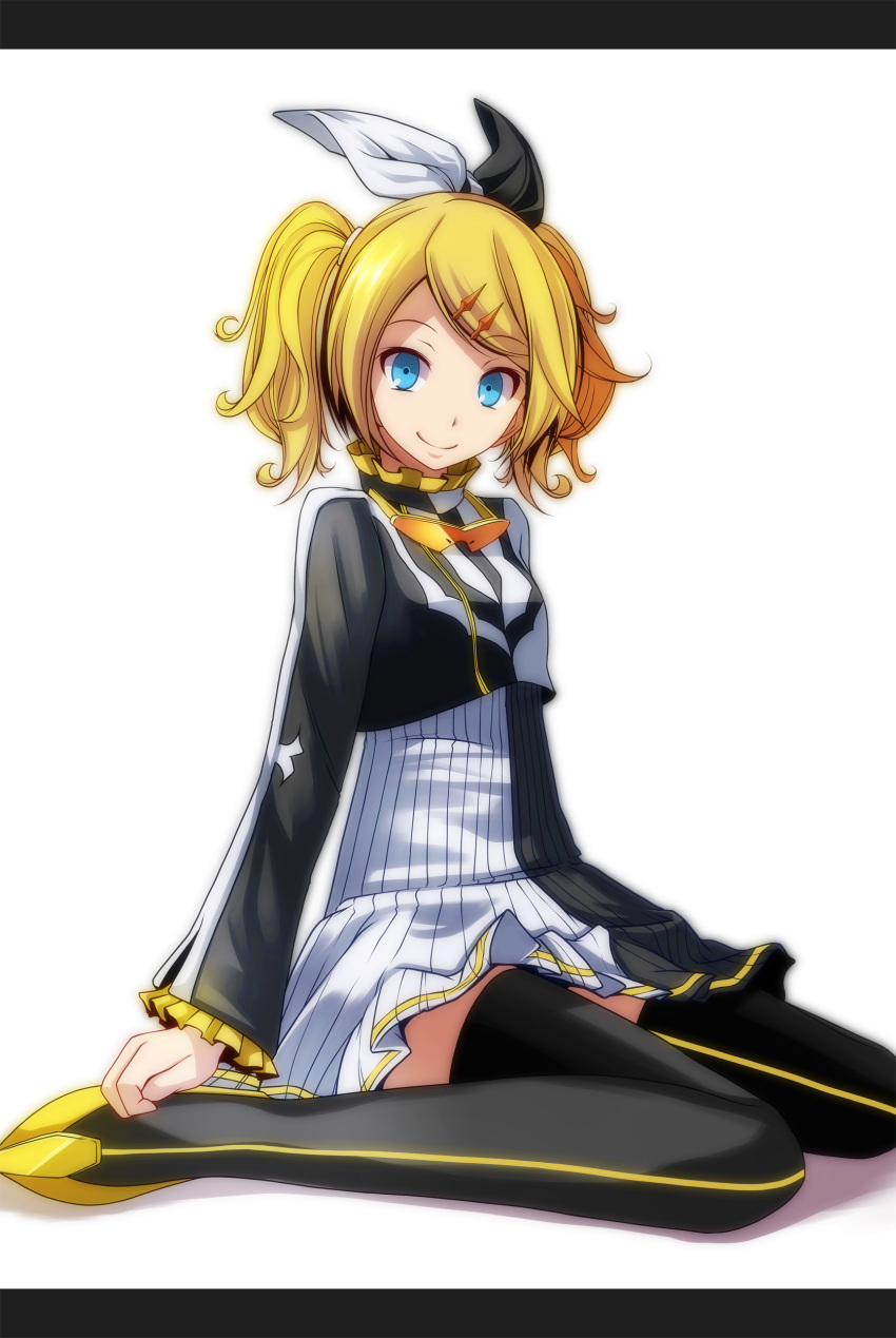 1girl absurdres blue_eyes frilled_sleeves frills highres kagamine_rin nail_polish pantyhose project_diva_(series) short_hair short_twintails sitting smile solo striped striped_legwear thigh-highs thighs tsukishiro_saika twintails vertical-striped_legwear vertical_stripes vocaloid wariza white_background wide_sleeves