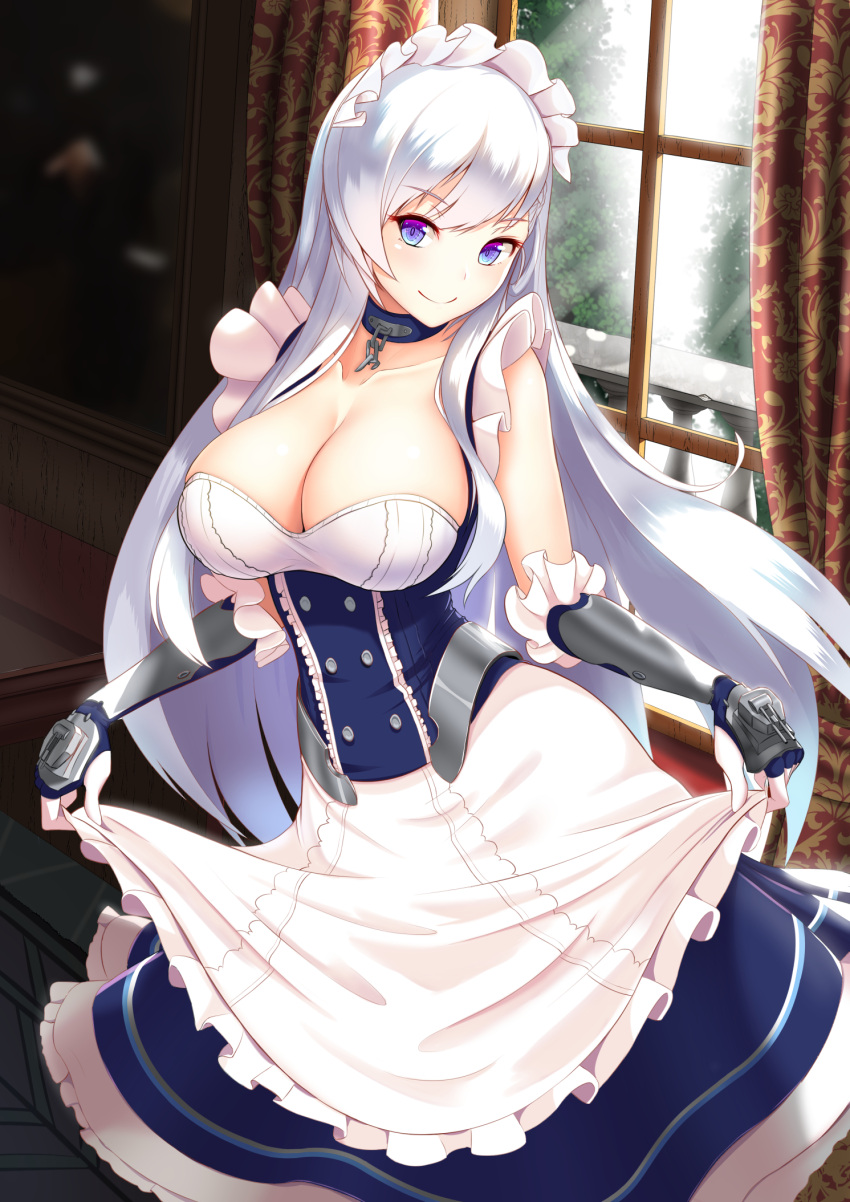 1girl apron apron_lift azur_lane belfast_(azur_lane) blue_dress blue_eyes braid breasts broken broken_chain chains cleavage closed_mouth collar collarbone commentary_request curtains damao_yu day dress eyebrows_visible_through_hair french_braid gauntlets highres indoors large_breasts long_hair looking_at_viewer maid maid_apron maid_headdress revision silver_hair skirt_hold smile solo very_long_hair wings