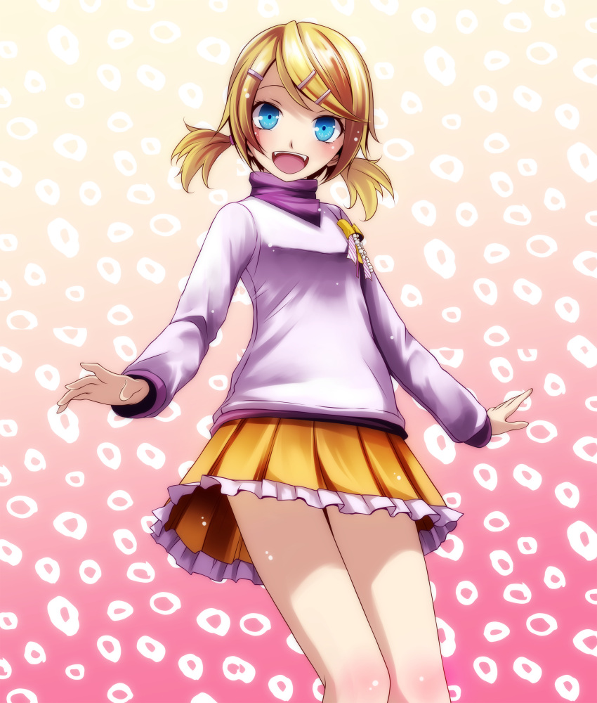 1girl absurdres alternate_costume blonde_hair blue_eyes from_below gradient gradient_background highres kagamine_rin project_diva_(series) short_twintails smile suki_kirai_(vocaloid) thighs tsukishiro_saika twintails vocaloid yumemiru_panda_(module)