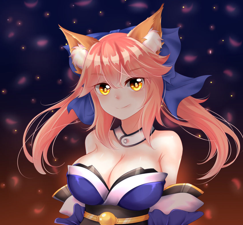 1girl animal_ears bare_shoulders breasts cleavage detached_sleeves fate/grand_order fate_(series) fox_ears hair_ornament hair_ribbon highres japanese_clothes large_breasts long_hair looking_at_viewer pink_hair ribbon sd4869 smile solo tamamo_(fate)_(all) tamamo_no_mae_(fate) yellow_eyes