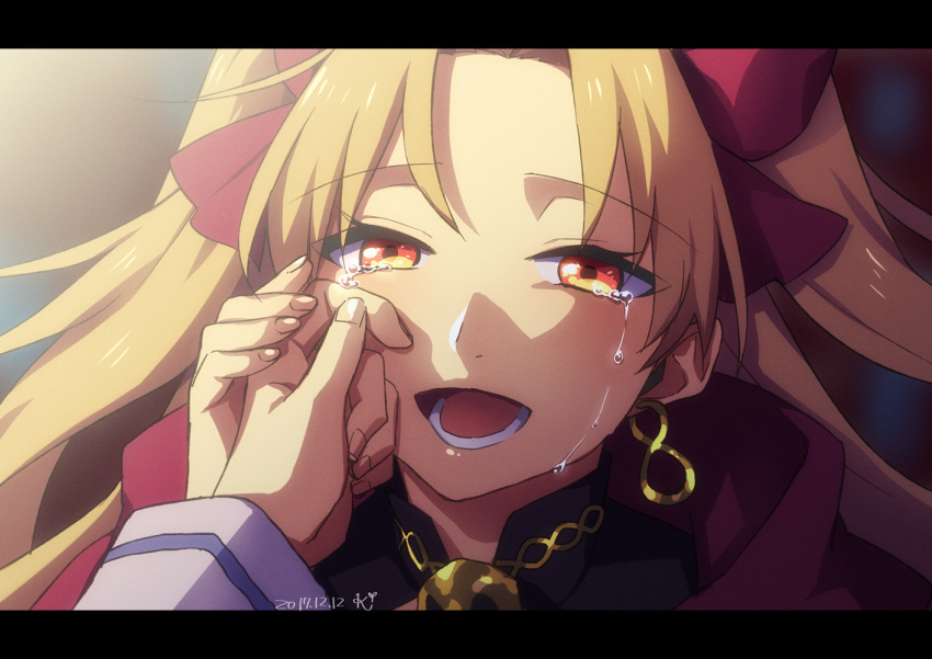 1girl :d bangs blonde_hair blush crying crying_with_eyes_open dated earrings ereshkigal_(fate/grand_order) eyebrows_visible_through_hair face fate/grand_order fate_(series) forehead hair_ribbon hand_on_another's_face hands happy happy_tears jewelry letterboxed light long_hair long_sleeves looking_at_viewer necklace open_mouth parted_bangs red_eyes red_ribbon ribbon signature skull smile solo_focus tears tohsaka_rin tsurime twintails upper_body wiping_tears yuino_(kazuta)