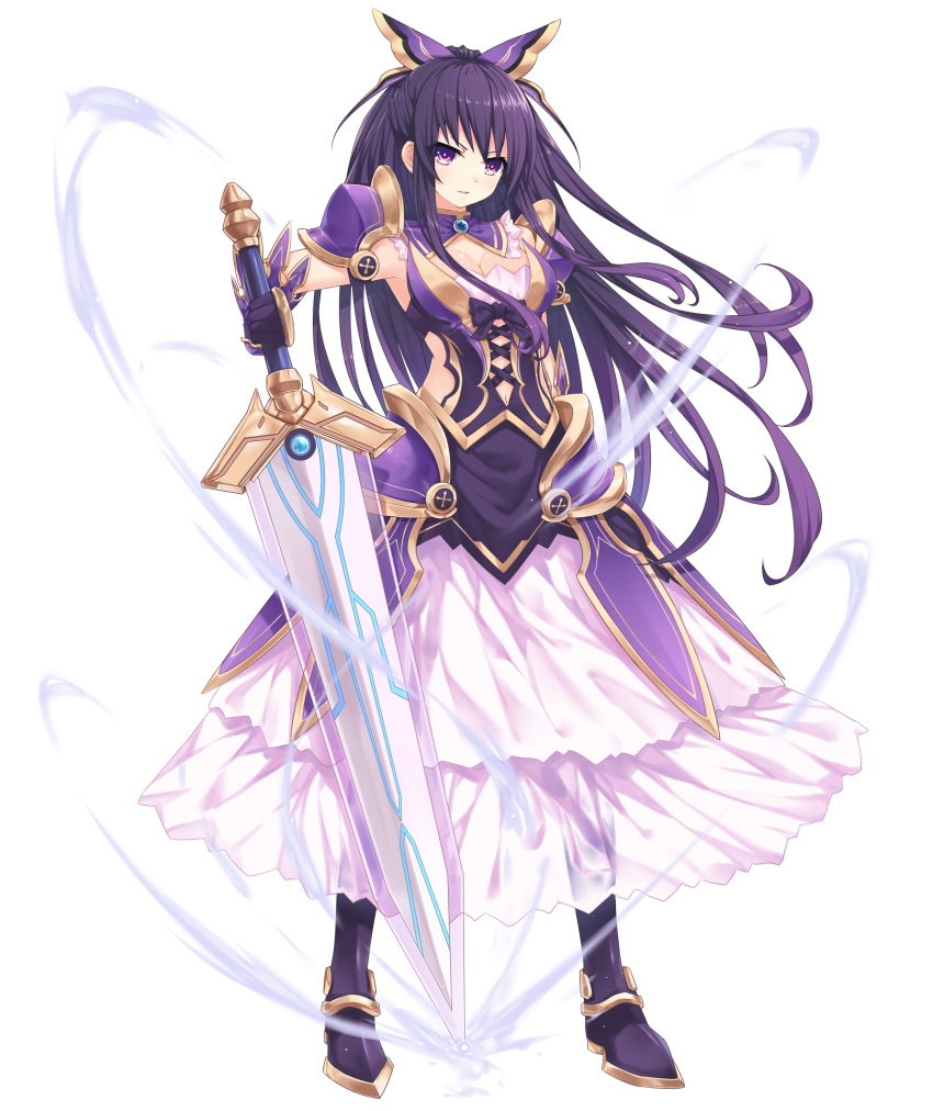 1girl absurdres armor armored_dress black_bow boots bow breasts cleavage date_a_live full_body gloves hair_bow highres long_hair looking_at_viewer medium_breasts neps-l oversized_object parted_lips pauldrons purple_hair shoulder_armor solo standing sword very_long_hair violet_eyes weapon white_background wind yatogami_tooka