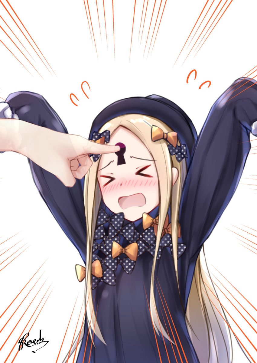 &gt;_&lt; 1girl abigail_williams_(fate/grand_order) absurdres arms_up bangs bee_doushi black_bow black_dress black_hat blonde_hair blush bow closed_eyes dress emphasis_lines eyebrows_visible_through_hair fate/grand_order fate_(series) flying_sweatdrops hair_bow hat highres keyhole long_hair long_sleeves looking_at_viewer nose_blush orange_bow out_of_frame parted_bangs polka_dot polka_dot_bow signature sleeves_past_wrists solo_focus very_long_hair white_background x-ray