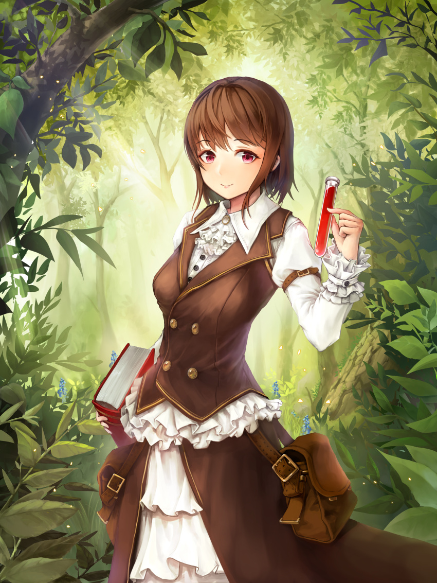 1girl absurdres arm_belt book brown_hair crystalherb flower forest frilled_sleeves frills highres holding holding_book light_rays looking_at_viewer nature original outdoors pink_eyes plant pouch skirt smile solo sunbeam sunlight tree vest vial white_neckwear white_skirt