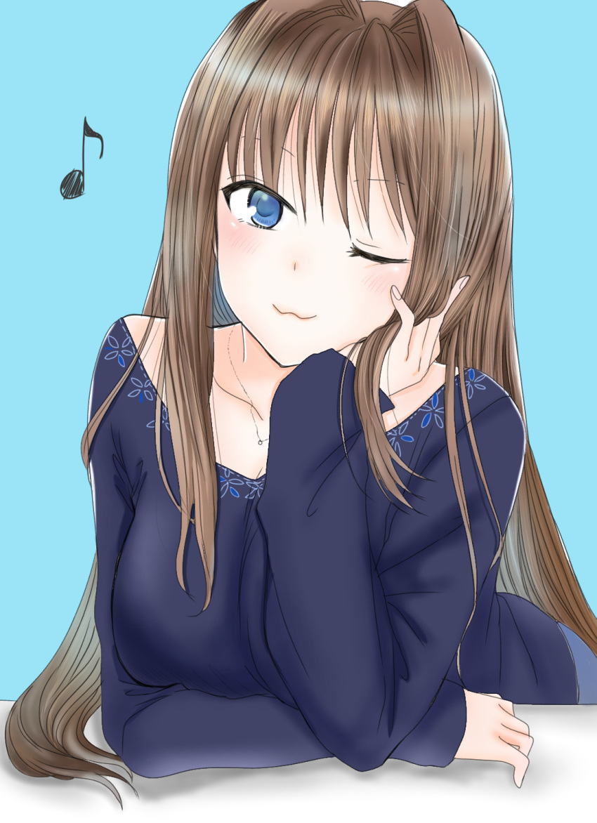 10131310 1girl :3 alternate_costume aozaki_aoko blouse blue_background blue_blouse blue_eyes blush breasts brown_hair closed_mouth collarbone commentary_request hair_intakes hand_on_own_cheek hand_on_own_face head_rest highres large_breasts long_hair long_sleeves looking_at_viewer mahou_tsukai_no_yoru musical_note one_eye_closed simple_background solo upper_body very_long_hair