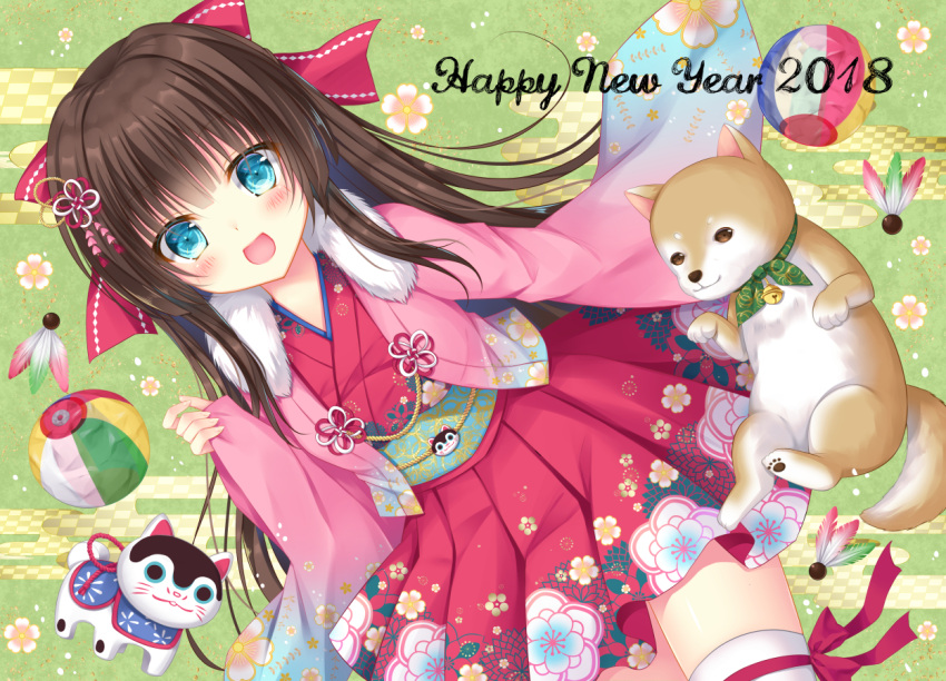 1girl 2018 :d ball bangs bell blue_eyes blush brown_hair checkered commentary_request egasumi eyebrows_visible_through_hair fingernails floral_print fur_collar hair_between_eyes happy_new_year japanese_clothes jingle_bell kimono kohinata_hoshimi long_sleeves looking_at_viewer new_year obi open_mouth original pinching_sleeves pleated_skirt print_kimono print_skirt red_kimono red_skirt sash shiba_inu short_kimono skirt smile solo temari_ball thigh-highs white_legwear wide_sleeves year_of_the_dog