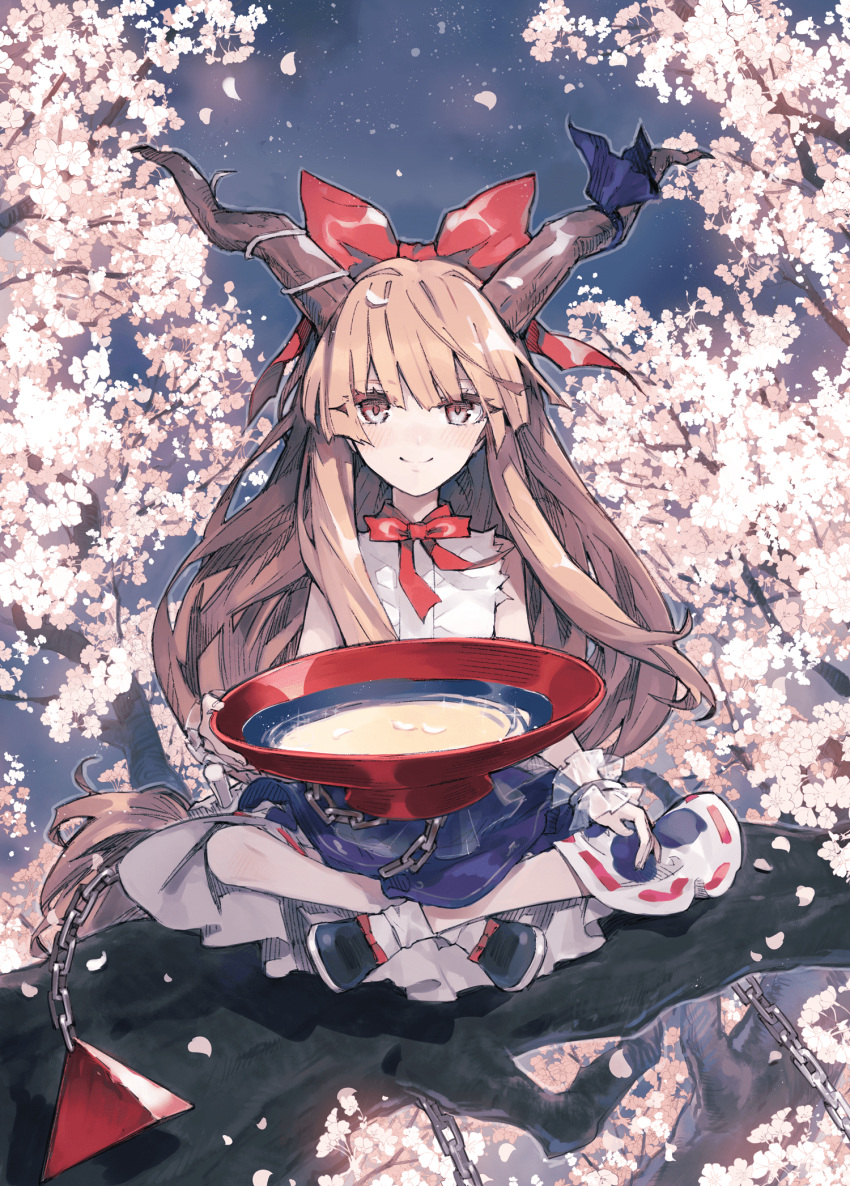 1girl alcohol black_footwear blue_ribbon blue_skirt bow chains cherry_blossoms closed_mouth cup hair_bow hand_on_own_knee highres holding holding_cup horn_ribbon horns ibuki_suika indian_style long_hair looking_at_viewer minakata_sunao nature night night_sky orange_hair outdoors petals red_bow red_eyes red_neckwear ribbon sakazuki sake shirt shoe_bow shoes sitting skirt sky sleeveless sleeveless_shirt smile socks solo star_(sky) starry_sky touhou tree white_legwear white_shirt wrist_cuffs